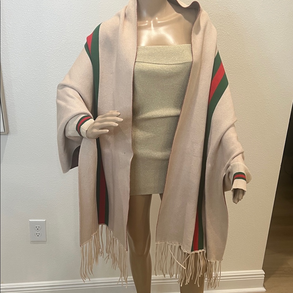 Beige Fringe Fall Wrap Jacket w / Sleeves  - Red/Green Striped - Picture 2 of 5